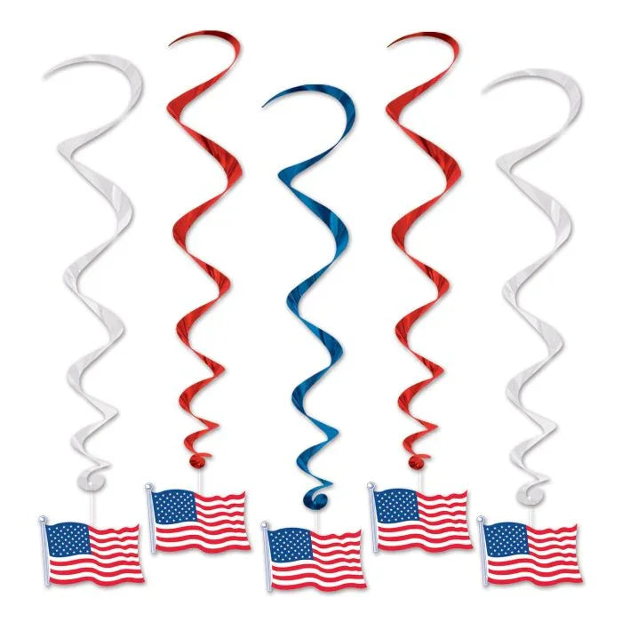 Five patriotic spiral hanging decorations in red, white, and blue with American flags attached at the bottom.