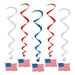 Five patriotic spiral hanging decorations in red, white, and blue with American flags attached at the bottom.