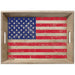 Wooden serving tray featuring a distressed American flag design with a blue star-filled canton and red and cream striped field, complete with cutout handles on both sides.