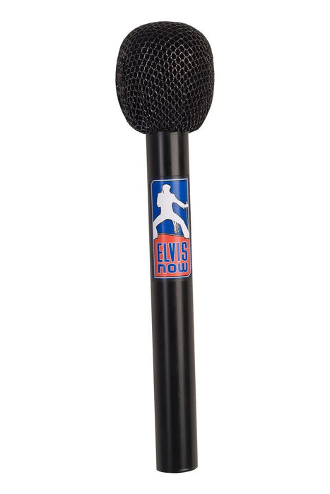 Black foam-topped microphone with a black handle featuring a blue and red "Elvis now" logo with a white silhouette of Elvis in a jumping pose.