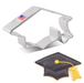 Silver stainless steel graduation cap-shaped cookie cutter with "Made in USA" flag label, shown with a black and gold decorative graduation cap cookie below.