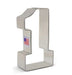 Gray metal number one cookie cutter with curved top handle and "Made in USA" label visible on the side.
