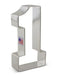 Silver metal number one cookie cutter with a small American flag label on the handle, displayed against a white background.