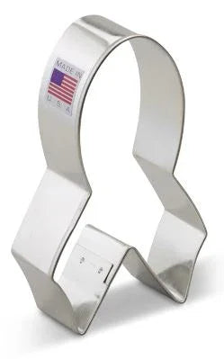 Silver metal awareness ribbon-shaped cookie cutter with a small American flag label, shown standing upright against a white background.