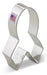 Silver metal awareness ribbon-shaped cookie cutter with a small American flag label, shown standing upright against a white background.