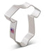 Silver metal cookie cutter shaped like a baby onesie with a small American flag label on the front.