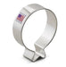 Silver metal balloon-shaped cookie cutter with a small American flag label on the band, shown from above against a white background.