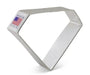 White metal diamond-shaped cookie cutter with "Made in USA" label and American flag on top corner, shown at an angle against a white background.