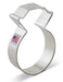Silver metal cookie cutter shaped like a diamond ring with a decorative bow top and small purple label on the band.