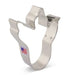 White metal cookie cutter shaped like a dinosaur foot with an American flag label on one side.