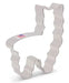Clear plastic llama-shaped cookie cutter with wavy edges and a small American flag label on the curved body.