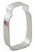 Silver metal mason jar-shaped cookie cutter with rounded rectangular form and small grip handles on sides, featuring a small American flag label on the left edge.