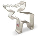 Stainless steel moose-shaped cookie cutter with wavy antlers, straight legs, and a small American flag label on one side.