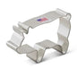 Metallic silver pig-shaped cookie cutter with a sturdy metal frame and small label on the top surface.
