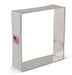White metal square cookie cutter with rounded corners, featuring an American flag label on the left side.