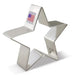 Silver metal star-shaped cookie cutter with a "Made in USA" label on the top point, displayed standing upright.