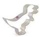 Beige plastic T-Rex dinosaur-shaped cookie cutter with wavy edges and a small American flag label on the upper left side.