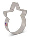 Silver metal unicorn-shaped cookie cutter with a handle at the top and a small American flag label on the side.