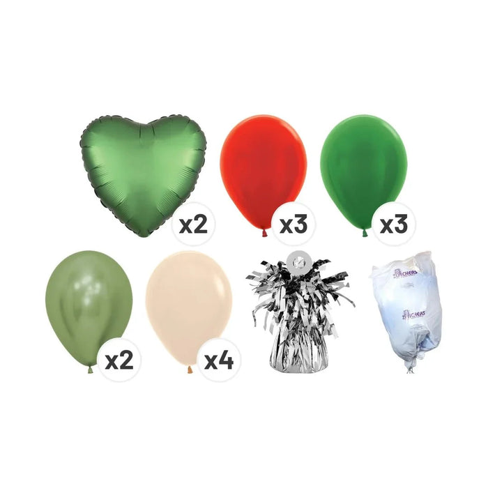 Balloon bouquet set including two green heart-shaped foil balloons, three red latex balloons, three green latex balloons, two sage green latex balloons, four beige latex balloons, one silver tassel weight, and one clear helium tank.