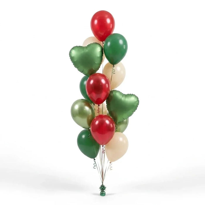 Vertical arrangement of red, green, and cream-colored balloons including heart-shaped foil balloons, secured with strings and a decorative weight at the base.