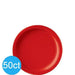 Fifty bright red round paper plates with a slightly raised rim, displayed with a blue circular label showing "50ct" in the lower left corner.