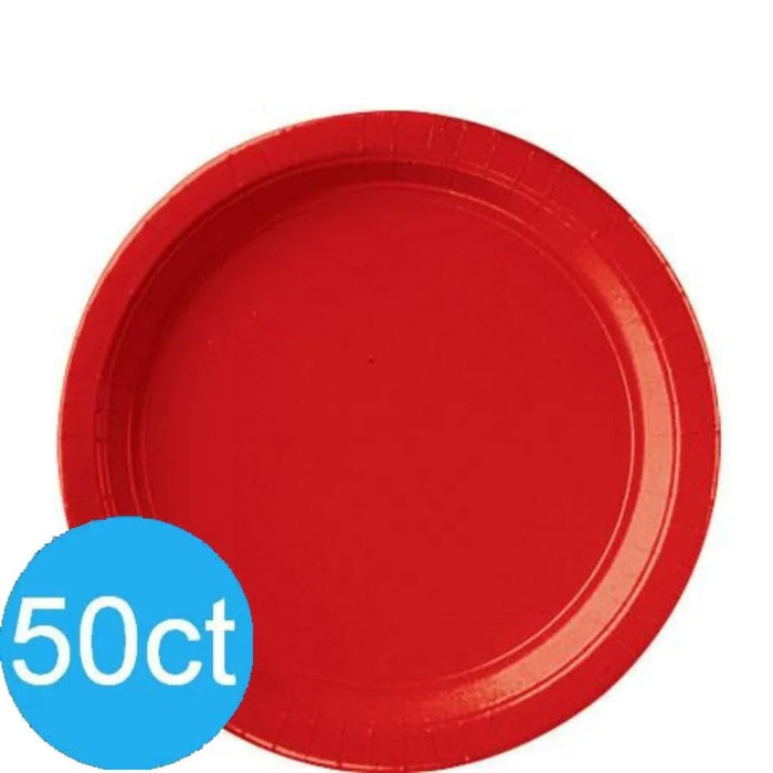 Fifty bright red paper plates with a ribbed rim design, displayed from above showing the circular plate shape and flat surface.