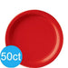 Fifty bright red paper plates with a ribbed rim design, displayed from above showing the circular plate shape and flat surface.