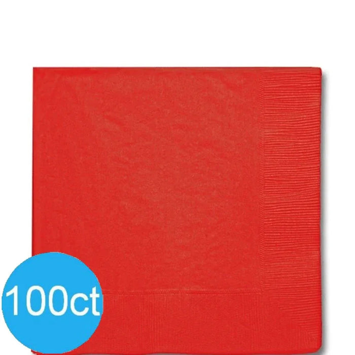 Pack of 100 bright red luncheon napkins with a ribbed texture shown in a square folded format.