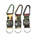 Three carabiner compass keychains in camouflage, tan, and brown nylon with metal clips and working compass dials displayed in a row.