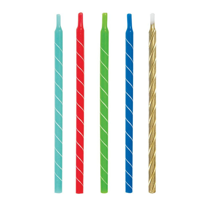 Five spiral birthday candles in turquoise, red, green, blue, and gold with white diagonal stripe patterns arranged in a row.