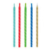 Five spiral birthday candles in turquoise, red, green, blue, and gold with white diagonal stripe patterns arranged in a row.