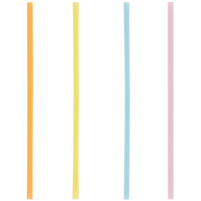 Four tall reusable plastic straws in peach, yellow, light blue, and pink arranged vertically side by side.