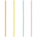 Four tall reusable plastic straws in peach, yellow, light blue, and pink arranged vertically side by side.