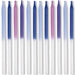 Twelve slender birthday candles with white lower bodies and iridescent dipped tops in shades of lavender, navy blue, and mauve arranged in a row.