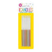 Package of 12 tall white birthday candles with metallic dipped bases in gold, silver, and rose gold colors on a bright yellow backing card.