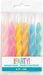 Pack of six spiral birthday candles in pink, magenta, yellow, orange, blue, and turquoise, displayed in clear plastic packaging with colorful Party branding.