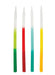 Four tall tapered candles with ombre gradient coloring from dark green, red, teal, and yellow at the base fading to light green, pink, cyan, and pale yellow in the middle, then to white at the pointed tops.