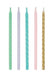 Five tall spiral birthday candles in pastel green, lavender, teal, pink, and gold arranged in a row.