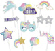 Ten pastel unicorn-themed photo booth props on sticks featuring rainbows, stars, clouds, unicorn faces, a flag saying "I Believe," and speech bubbles with text in pink, blue, yellow, and silver glitter.