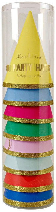 Stack of 8 colorful cone-shaped party hats with gold glitter bands, featuring yellow, blue, hot pink, green, lavender, light blue, and red hats in a clear cylindrical package.
