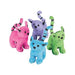Four colorful plush cats in pink, purple, blue, and green arranged in a group display, each with embroidered faces and poseable limbs.