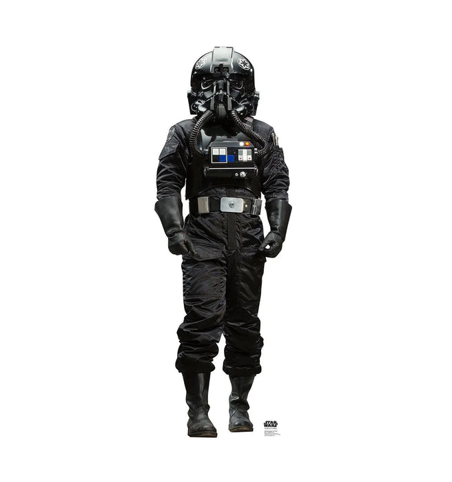 Black TIE fighter pilot action figure with helmet, breathing apparatus, chest panel with blue and white controls, black flight suit, and belt against white background.