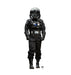 Black TIE fighter pilot action figure with helmet, breathing apparatus, chest panel with blue and white controls, black flight suit, and belt against white background.