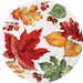 White circular plate with autumn-themed illustrations of red and golden leaves, berries, acorns, and green foliage arranged around the border.