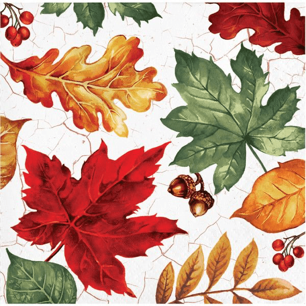 White napkin with autumn leaf illustrations in red, gold, orange, and green, plus acorns and berries scattered throughout.