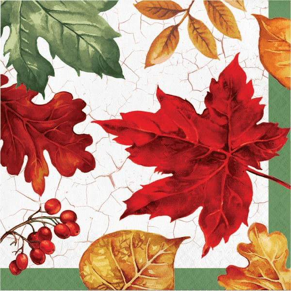 Two-ply paper napkins featuring vibrant autumn leaves in red, orange, and green with red berries on a white background with green borders.