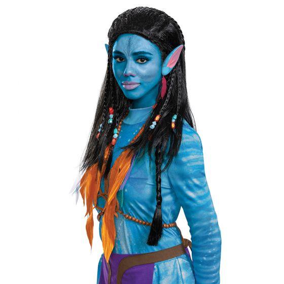 Blue face and body paint costume with long black hair featuring orange and beaded braids, pointed prosthetic ears, and orange fabric accent across the chest.