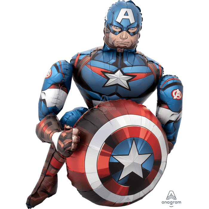 Blue and red Captain America figure-shaped foil balloon with white star chest emblem and matching shield, standing upright against a white background.