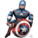 Blue and red Captain America figure-shaped foil balloon with white star chest emblem and matching shield, standing upright against a white background.