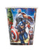 Disposable paper cup featuring Marvel Avengers characters including Captain America, Iron Man, and Hulk in action poses against a blue background.